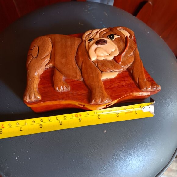 Hand-Carved Wooden Bulldog Puzzle Trinket Jewelry Box Hidden Compartment Hawaii - Picture 10 of 10